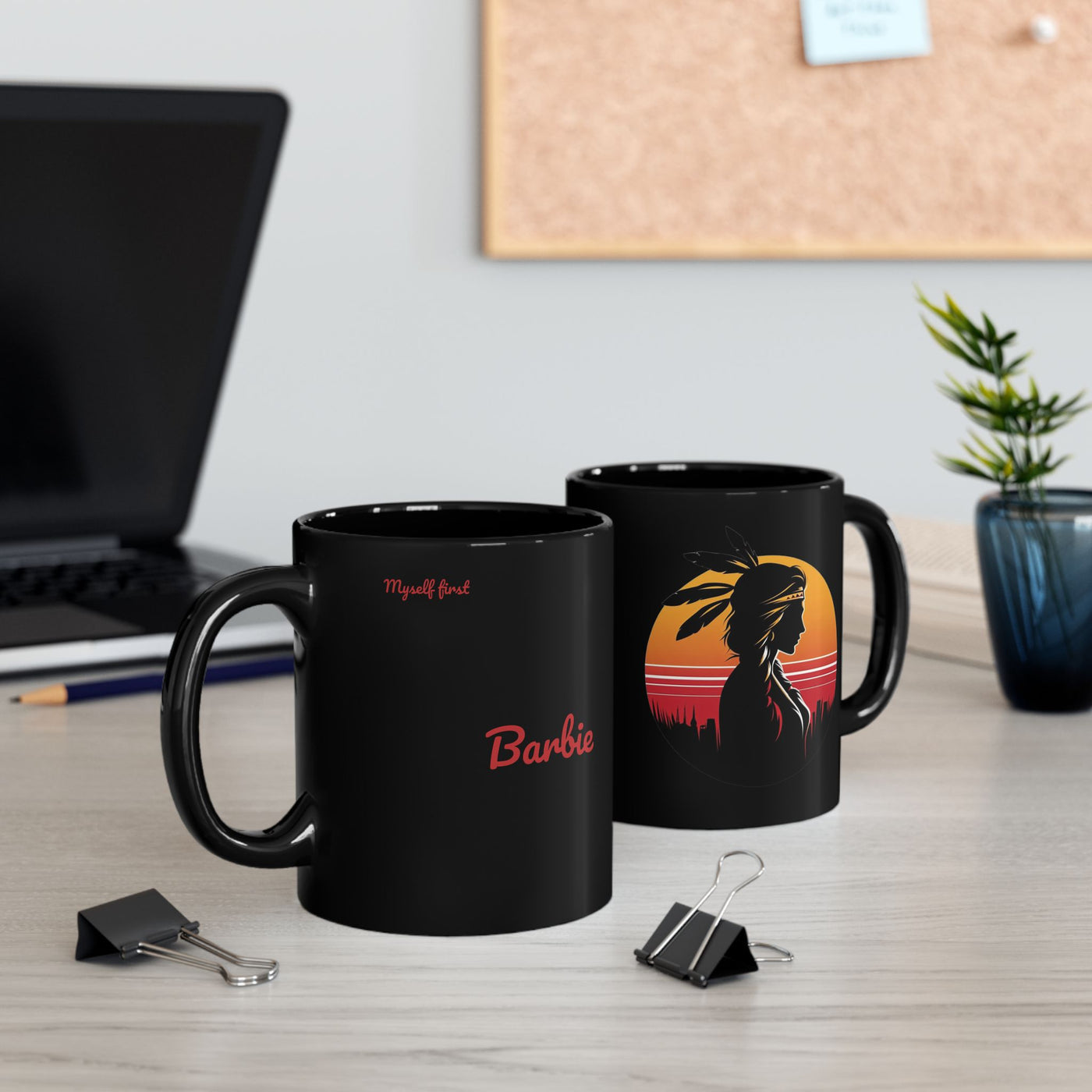 Sunset Dreamer Mug with Native American Silhouette, Black Coffee Cup, Boho Home Decor, Unique Gift for Her, Tribal Art Mug