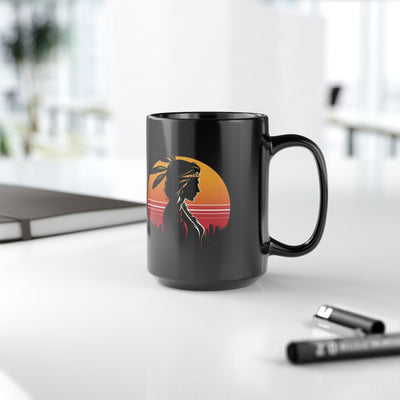 Sunset Dreamer Mug with Native American Silhouette, Black Coffee Cup, Boho Home Decor, Unique Gift for Her, Tribal Art Mug