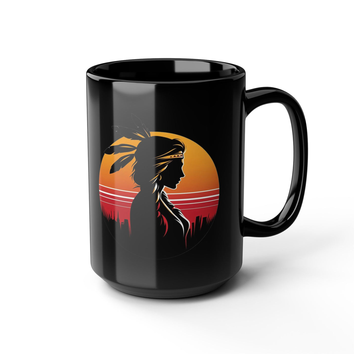Sunset Dreamer Mug with Native American Silhouette, Black Coffee Cup, Boho Home Decor, Unique Gift for Her, Tribal Art Mug