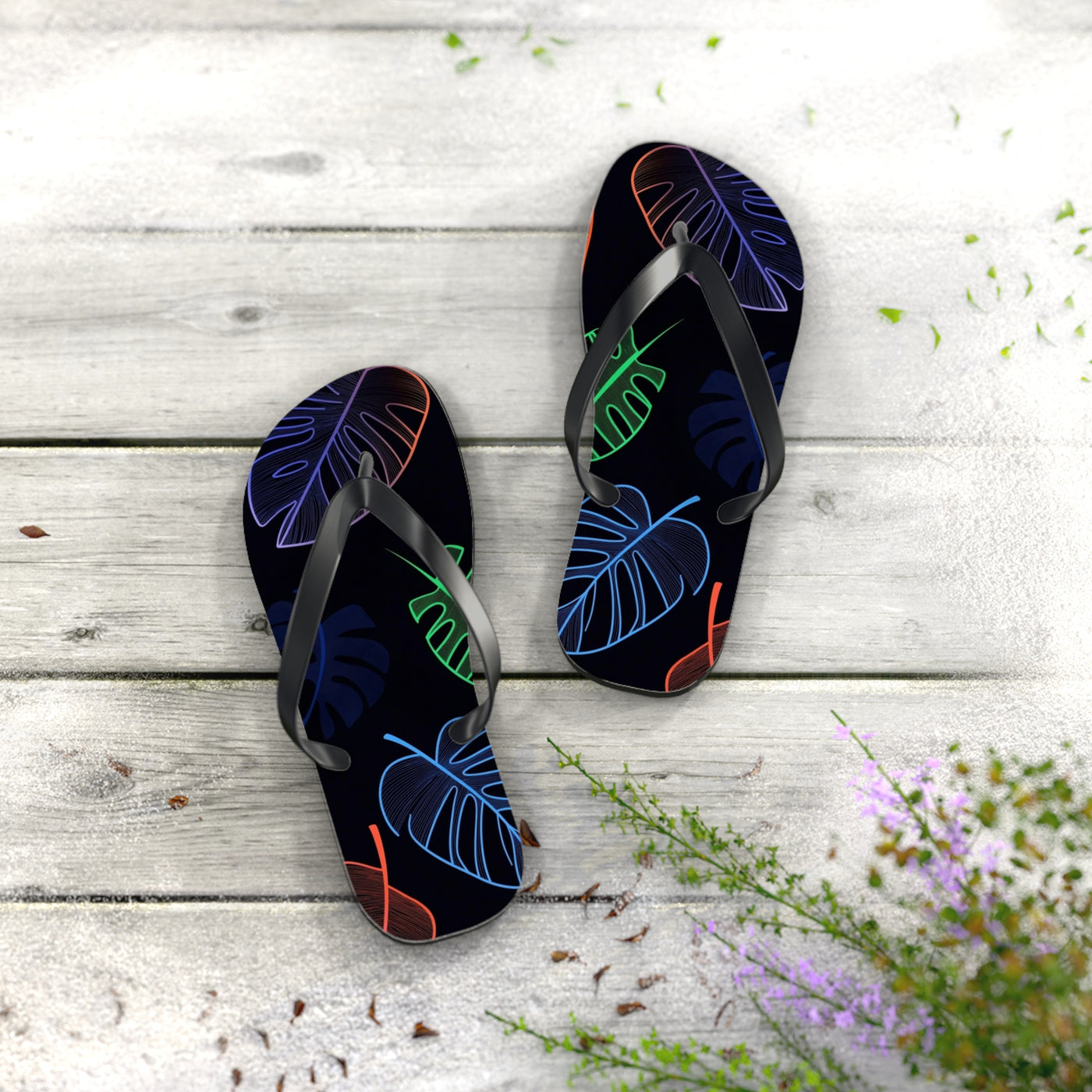 Tropical Flip Flops, Neon Leaf Print Sandals, Summer Beach Footwear, Vacation Essentials, Gift for Beach Lovers - Picknmore
