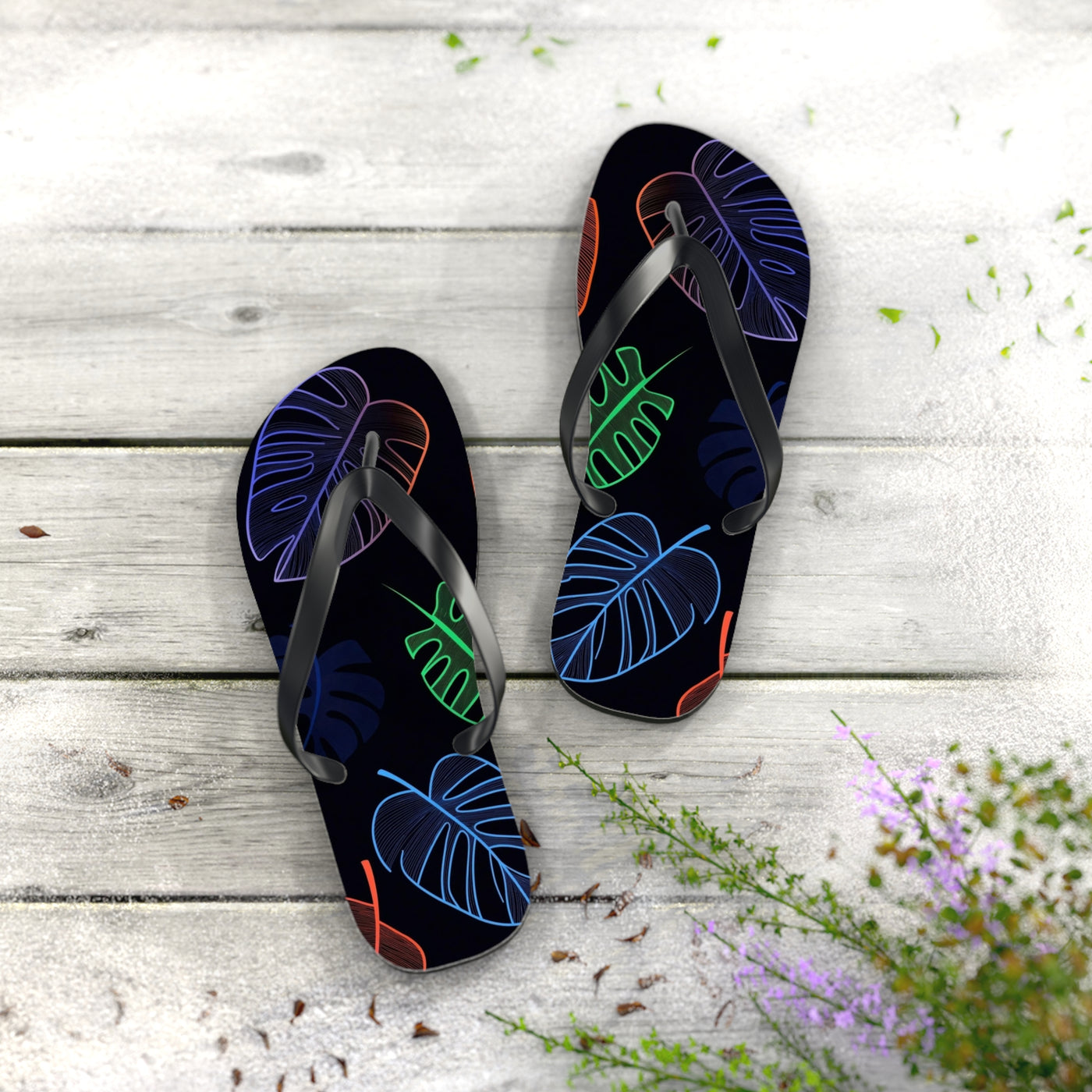 Tropical Flip Flops, Neon Leaf Print Sandals, Summer Beach Footwear, Vacation Essentials, Gift for Beach Lovers - Picknmore