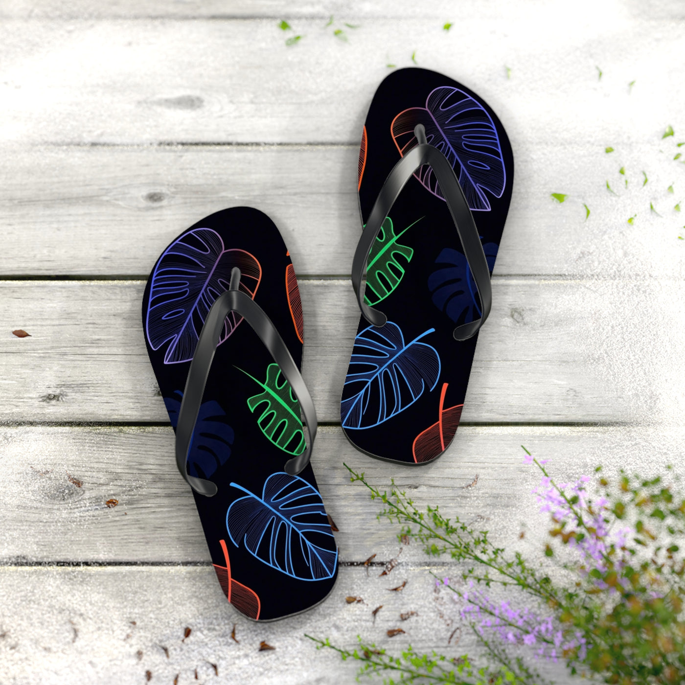 Tropical Flip Flops, Neon Leaf Print Sandals, Summer Beach Footwear, Vacation Essentials, Gift for Beach Lovers - Picknmore