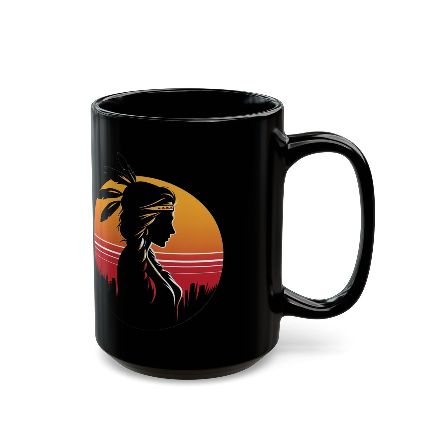 Sunset Dreamer Mug with Native American Silhouette, Black Coffee Cup, Boho Home Decor, Unique Gift for Her, Tribal Art Mug