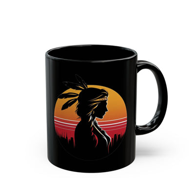 Sunset Dreamer Mug with Native American Silhouette, Black Coffee Cup, Boho Home Decor, Unique Gift for Her, Tribal Art Mug