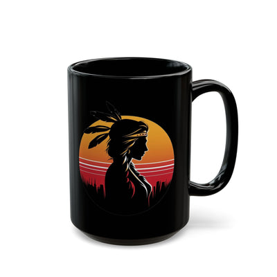 Sunset Dreamer Mug with Native American Silhouette, Black Coffee Cup, Boho Home Decor, Unique Gift for Her, Tribal Art Mug