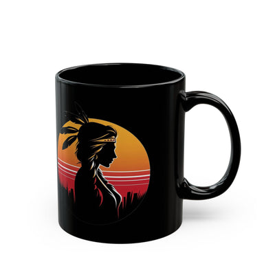 Sunset Dreamer Mug with Native American Silhouette, Black Coffee Cup, Boho Home Decor, Unique Gift for Her, Tribal Art Mug