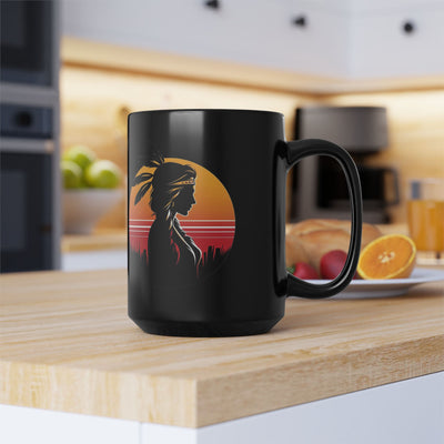 Sunset Dreamer Mug with Native American Silhouette, Black Coffee Cup, Boho Home Decor, Unique Gift for Her, Tribal Art Mug
