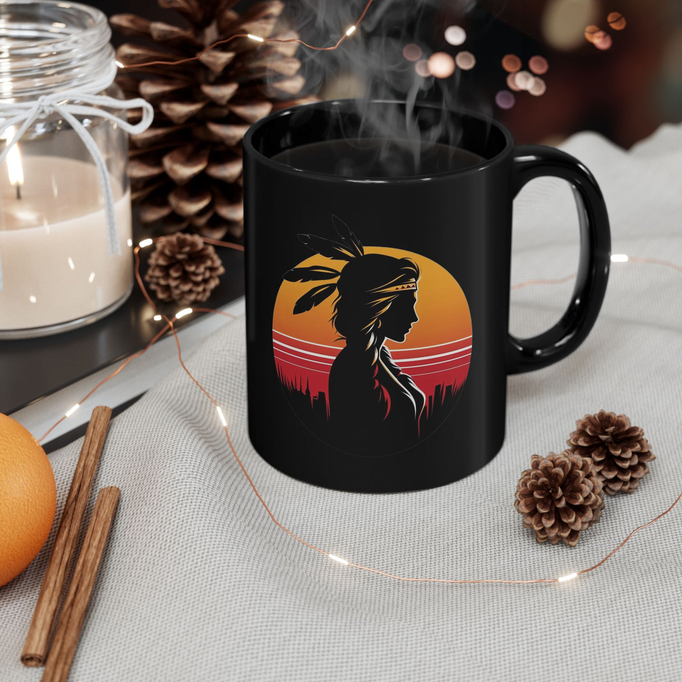 Sunset Dreamer Mug with Native American Silhouette, Black Coffee Cup, Boho Home Decor, Unique Gift for Her, Tribal Art Mug